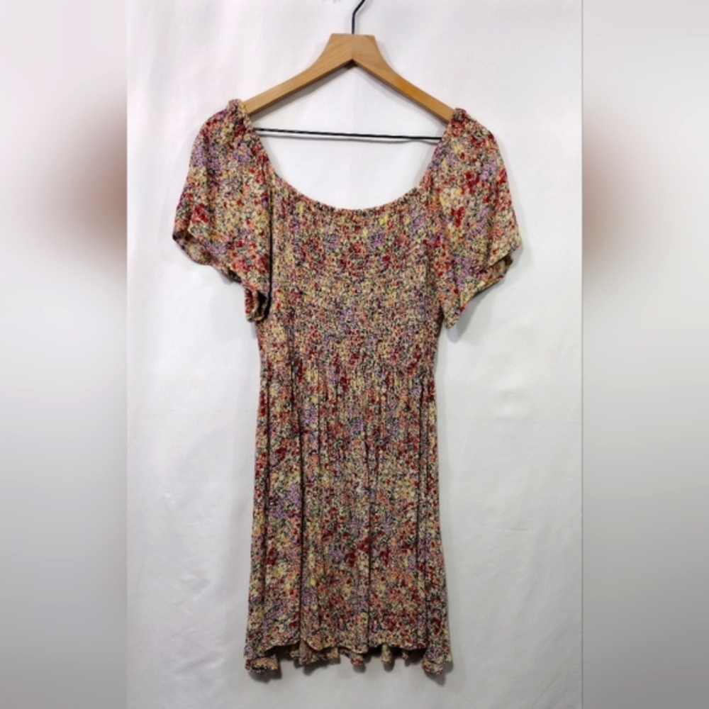 Floral Multi-Color Short Sleeve Smocked Waist Dress